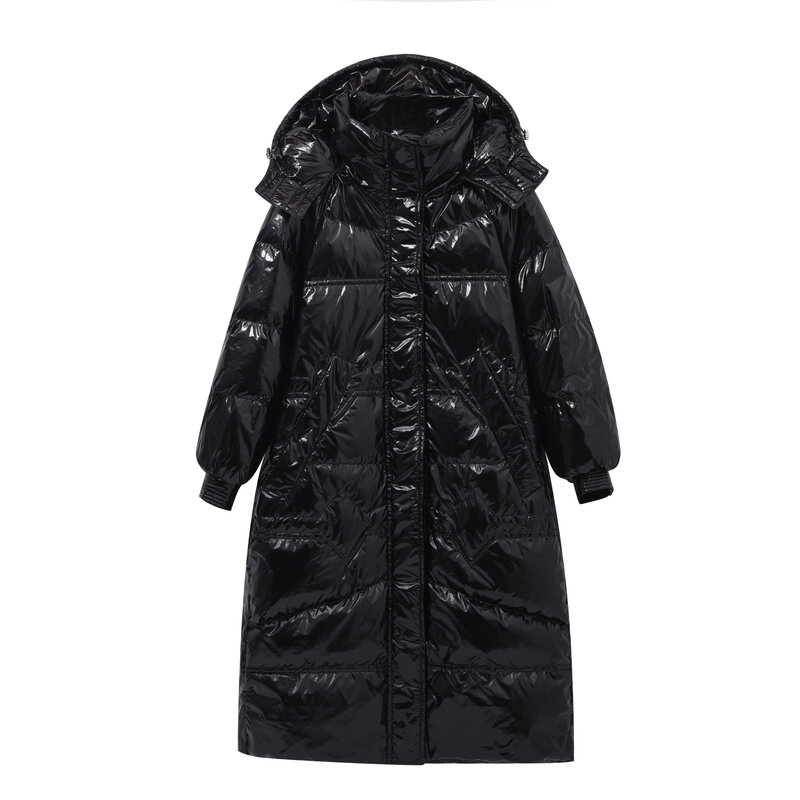 女性用の黒の光沢のあるジャケット,厚くて暖かい,コート,レインコート,ラージサイズ,2023