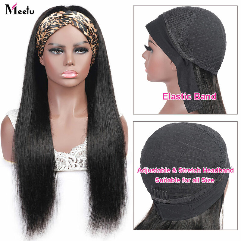 Meetu-Straight Headband Wig para Mulheres Negras, Perucas de Cabelo Humano, Lenço Brasileiro, Perucas de Cabelo Remy Glueless