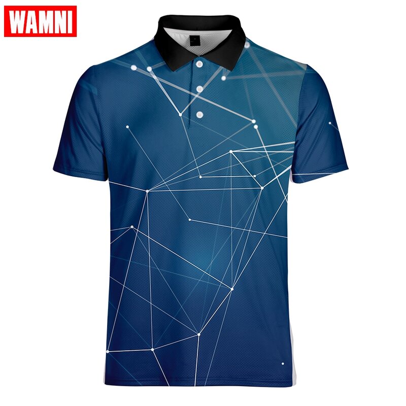 WAMNI 3D koszula tenisowa dorywczo sportowa linia paskiem luźny skręcić w dół kołnierz przycisk badmintona szybkoschnący męski Streetwear