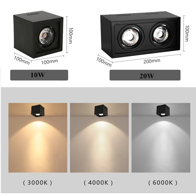 Lámpara LED de techo de alta calidad, luz descendente regulable, COB, ajuste montado en superficie, blanco y negro, ac85-265V, 10W, 20W, 1 ud.