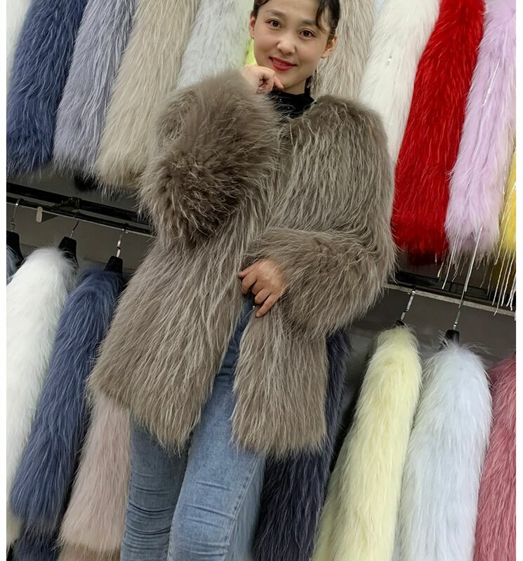 100%Fur raccoon fur woven Long jacket ladies winter fur jacket warm animal fur long-sleeved autumn jacket real animal fur woven