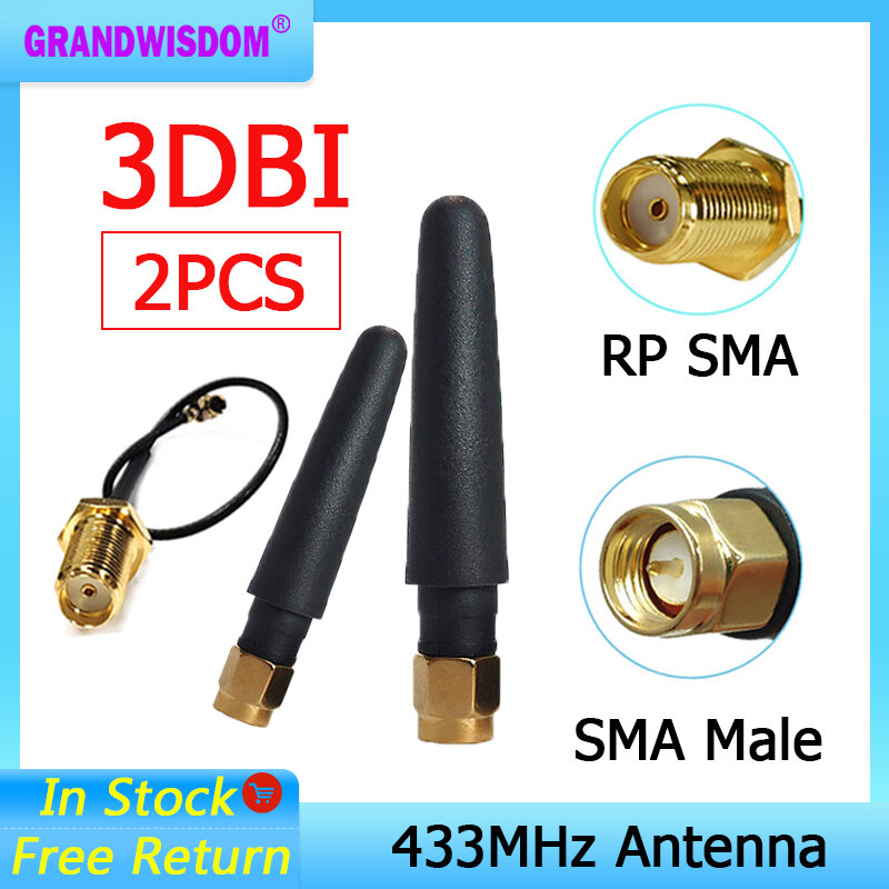 GRANDWISDOM-antena de 2 piezas, 433mhz, 2-3dbi, sma macho, lora, módulo iot, lorawan, ipex, 1 SMA, Cable de extensión hembra pigtail
