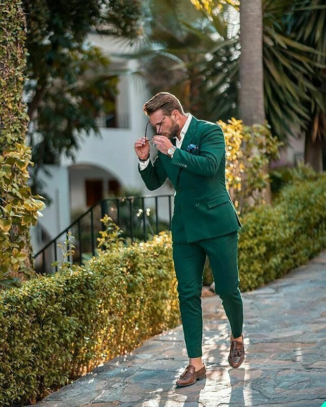 Зеленые классические мужские брюки для влюбленных вечеринок и выпускного вечера, деловая одежда для работы, 2 предмета