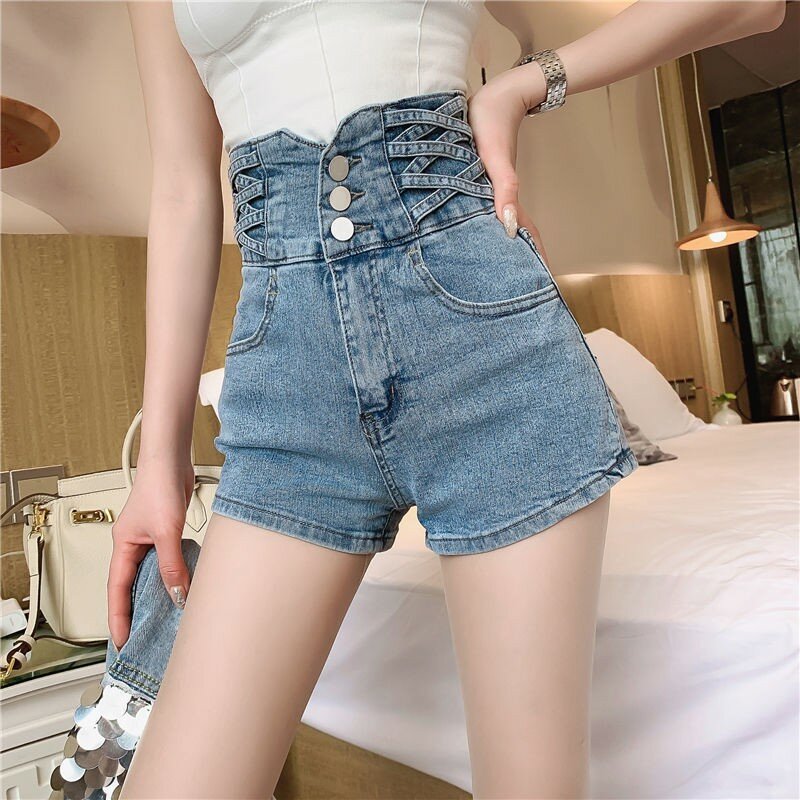 Hoch taillierte Jeans mit weitem Bein für Frauen, Damen shorts, koreanisches Design, Tight Fit Tasche Hip, Netz rot, Sommer, Neu, 2023