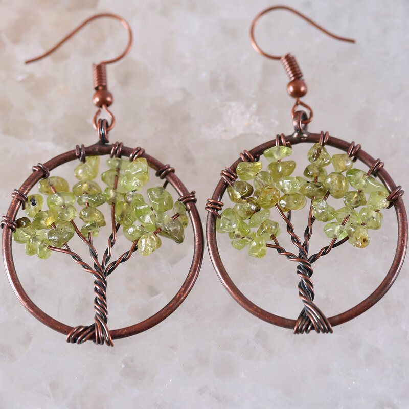 Natural Stone Pink Rhodonite For Women Tree of Life Dangle Earrings 1Pair