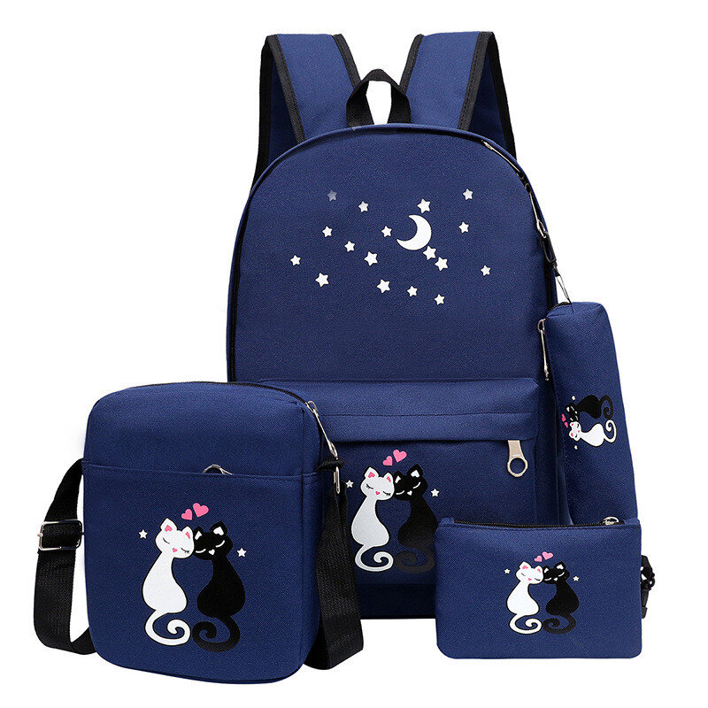 4 pçs/set mulheres mochila gato impressão lona sacos de escola para adolescentes meninas estilo preppy bonito saco livro mochila feminina