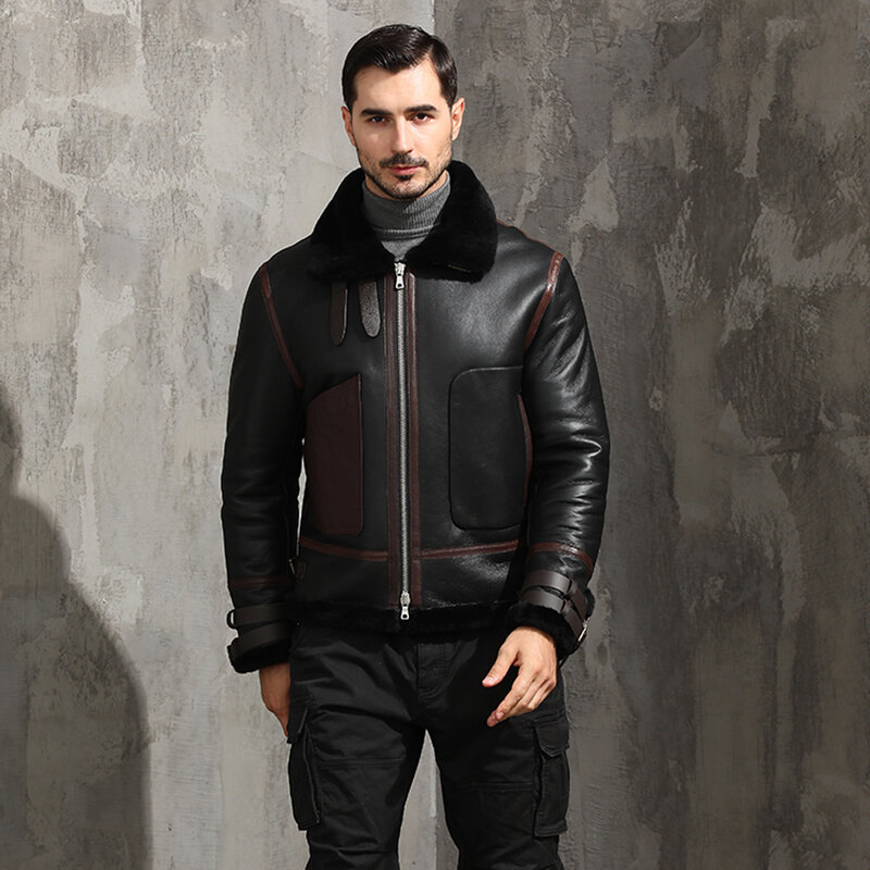LUHAYESA-abrigo de piel auténtica para hombre, chaquetas ajustadas de piel de oveja, informales, color negro, 2021