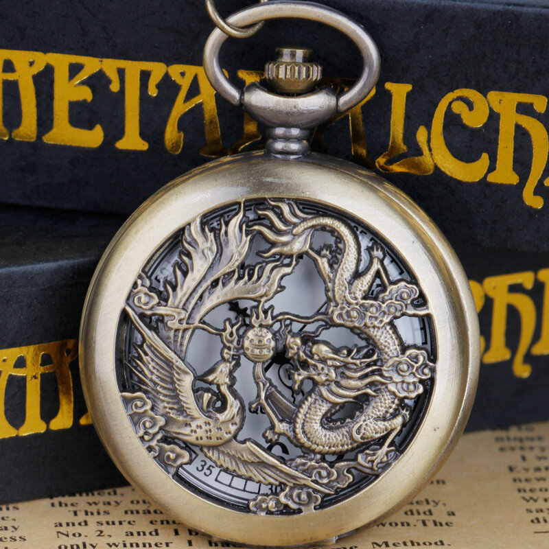 Metade Hunter Hollow Dragon & Phoenix Design Pingente Relógio de Bolso Cadeia Moda Cool Relógio Unisex Crianças Presente reloj