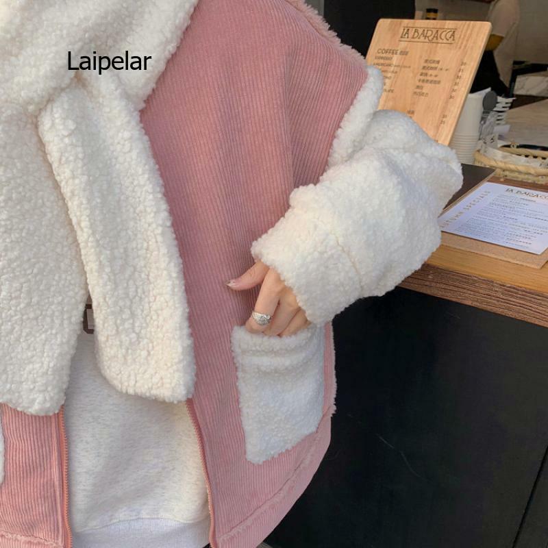 Cappotto in lana di agnello rosa cappotto invernale da donna hanbok retrò in velluto a coste con maniche a sciarpa collo sciolto