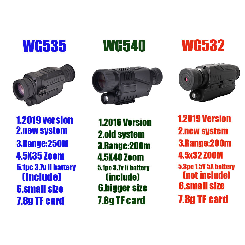 Monoculaires de vision nocturne numérique infrarouge, avec carte 8G TF, pour la pleine obscurité, 5x 40, portée de 200 m, dispositif de chasse, WG540