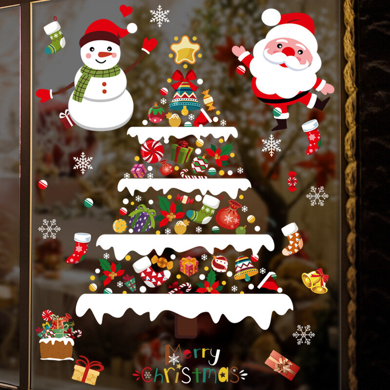 Kerst Muurstickers Sneeuwpop Kerstboom Vakantie Decoratie Kleuterschool Layout Sneeuwvlok Cartoon Zelfklevende