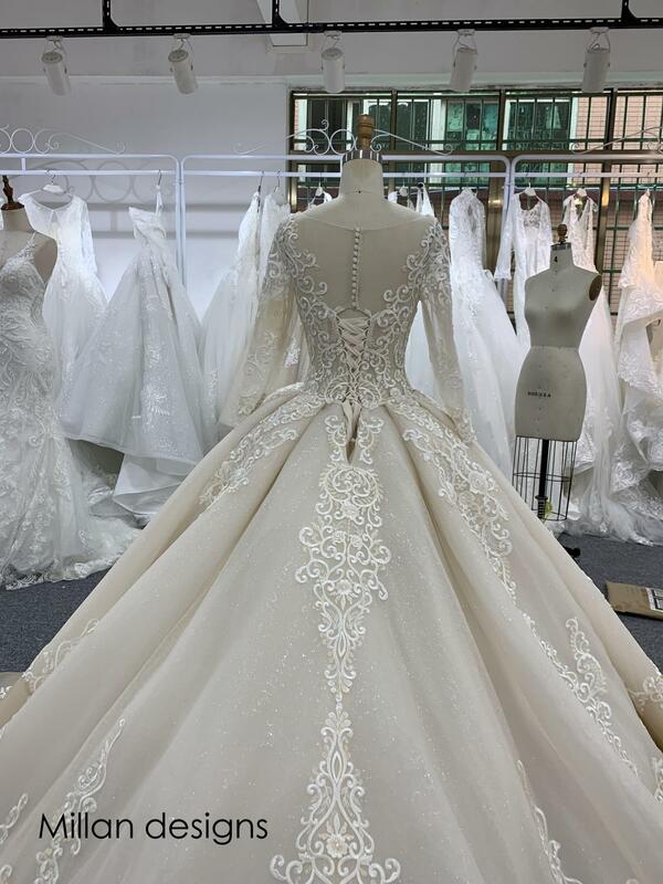 รูปภาพจริง Luxury Wedding Dresses Royal หางแชมเปญชุดบอลชุดเจ้าสาวลูกไม้ลูกไม้ชุดเจ้าสาว Vestido De Novias