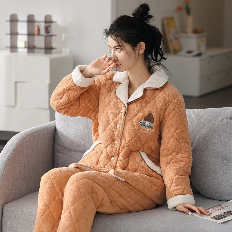 Verdikking Katoen Fluwelen Pyjama Drie-Lagen Gewatteerde Vrouwen Flanel Winter Warm Homewear Zoete En Mooie Losse Pak