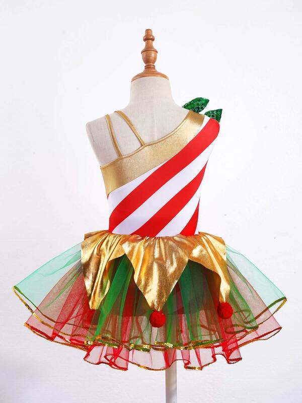 Kids Little Girls Elf Christmas Dress Sequin Stripes Carnival Festival Santa Cosplay Costume Ballet Leotard Tutu Dress Dancewear