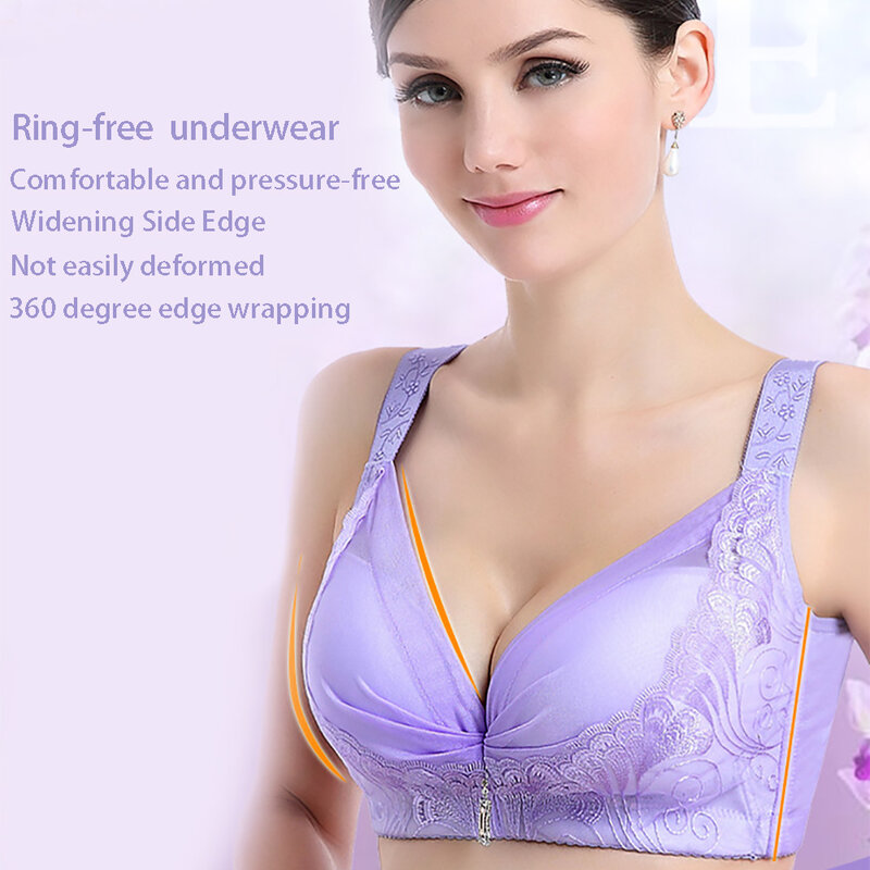 Push Up Wireless Women Bra Ladies Wide Brim Adjustable Daily 3/4 Cup Gather Deep V Breathable Back Closure Lace Breast Lifting