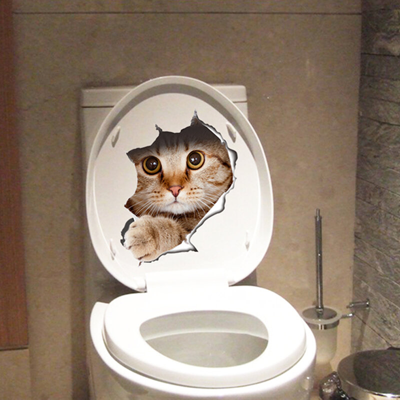 Vivid 3d Holeตลกแมวสุนัขสติกเกอร์ห้องน้ำDiy Wc Washroomตกแต่งบ้านน่ารักKittenลูกสุนัขสัตว์เลี้ยงสัตว์Wall Art decals