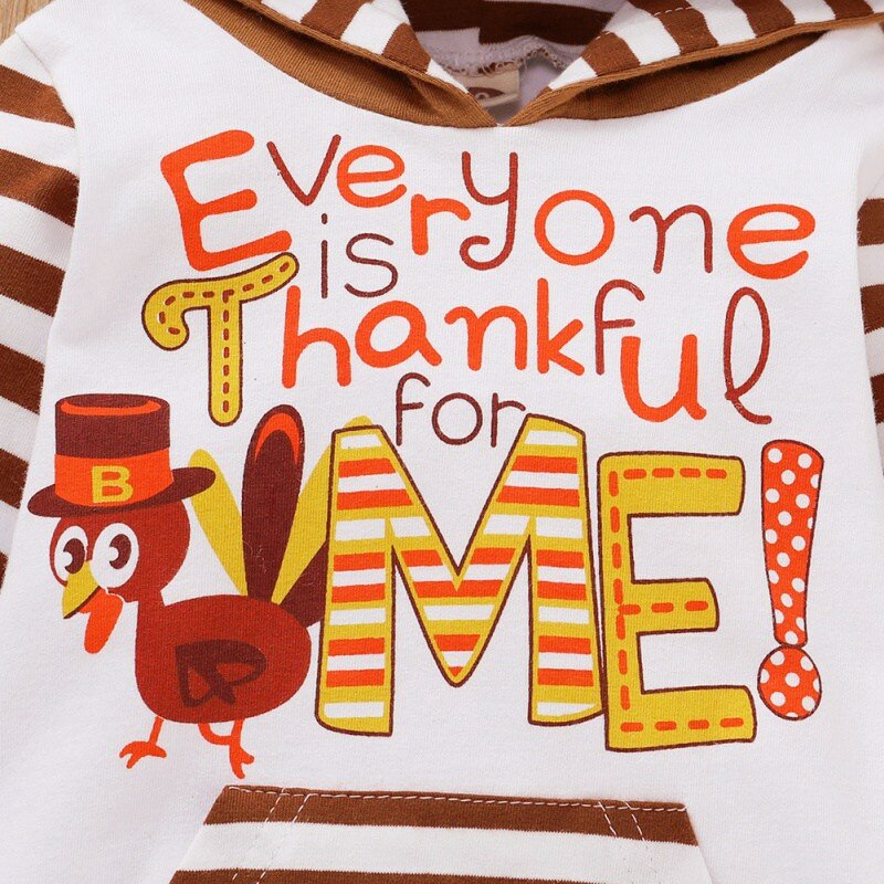 Baby Rompers Long Sleeve Thanksgiving Cartoon Letter Stripe Print Hoodie Kids Boys Girls Jumpsuit