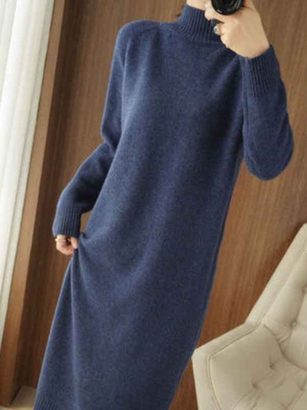 Suéter de punto medio largo para mujer, vestido suelto liso, ropa gruesa y cálida, otoño e invierno, 2023