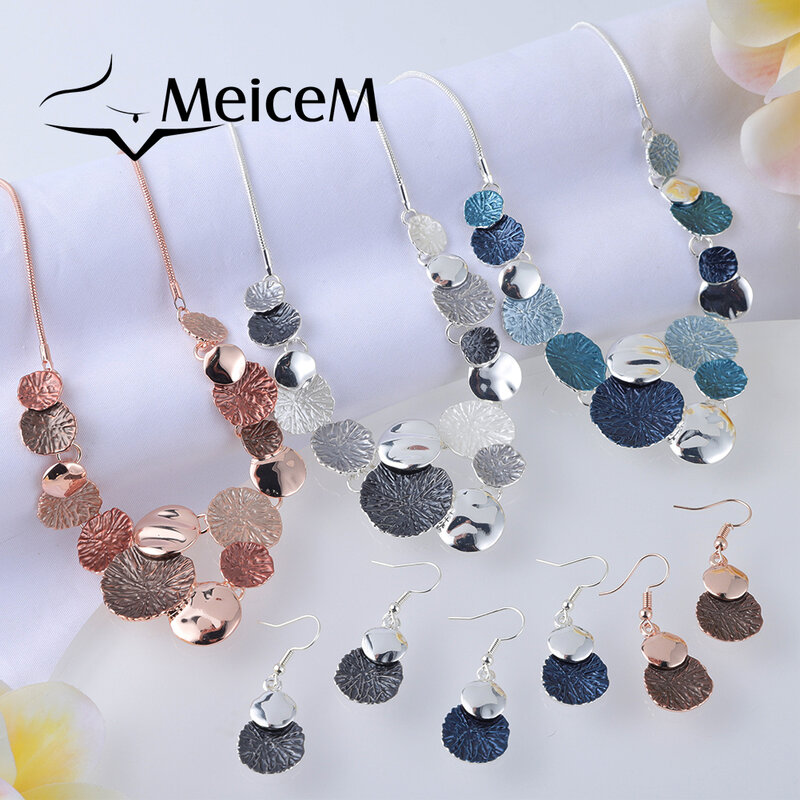 MeiceM Fashion Statement Necklace Set Large Pendant Trendy Woman Jewelry 2022  Woman Silver Color Necklaces Sets for Women