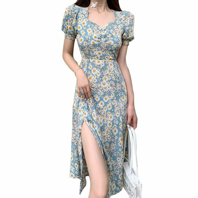 Женское приталенное платье средней длины, элегантное французское платье с коротким рукавом и поясом-маргариткой в стиле ретро, лето 2021