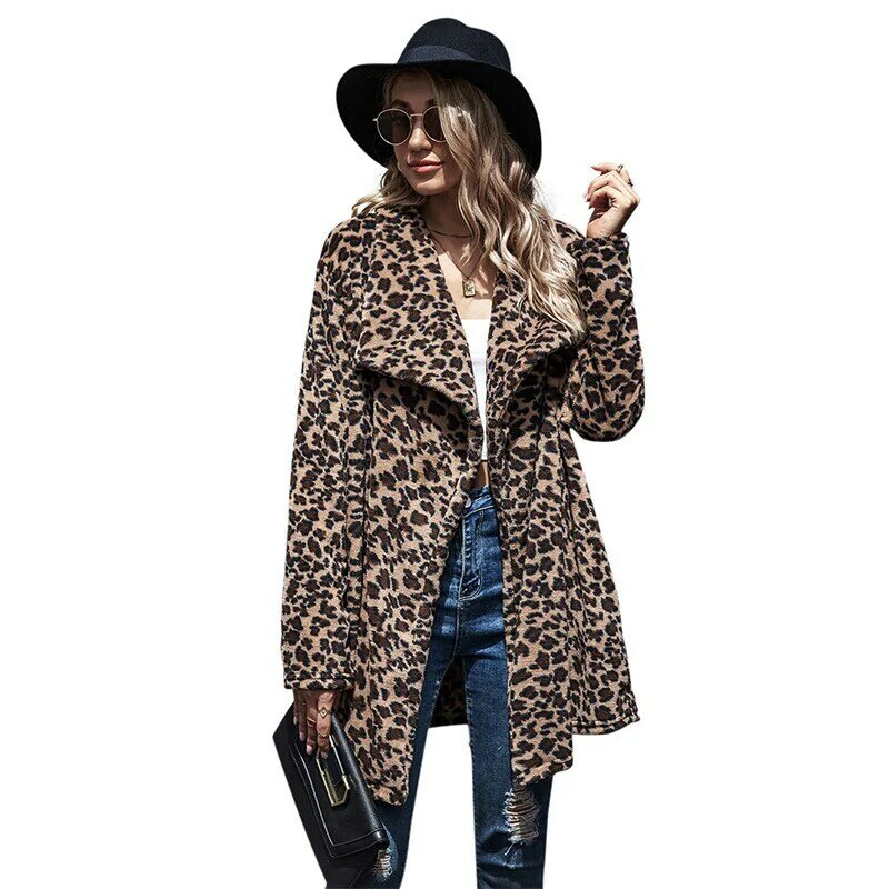 Casaco de pele do falso das mulheres 2020 nova estampa leopardo outwear manga longa casaco fino turn down collar moda inverno quente jaqueta de pelúcia