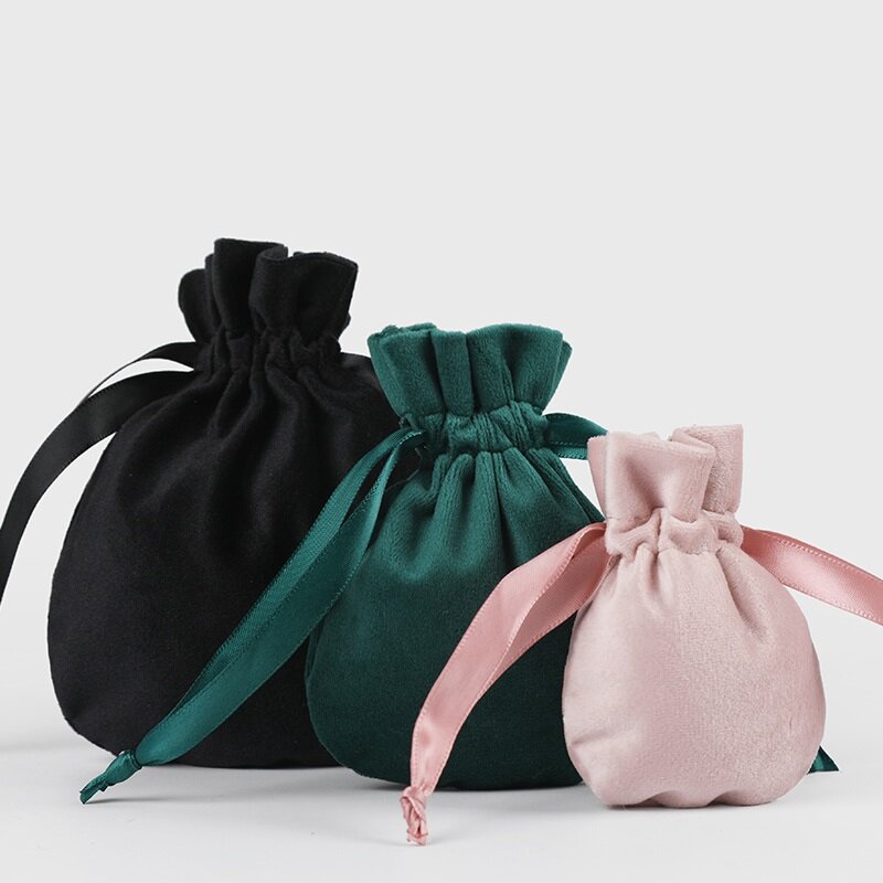 10 unids/lote de bolsas de terciopelo de buena calidad, color negro/Verde/Rosa, con cordón, para regalo de boda, joyería, maquillaje, embalaje a prueba de polvo