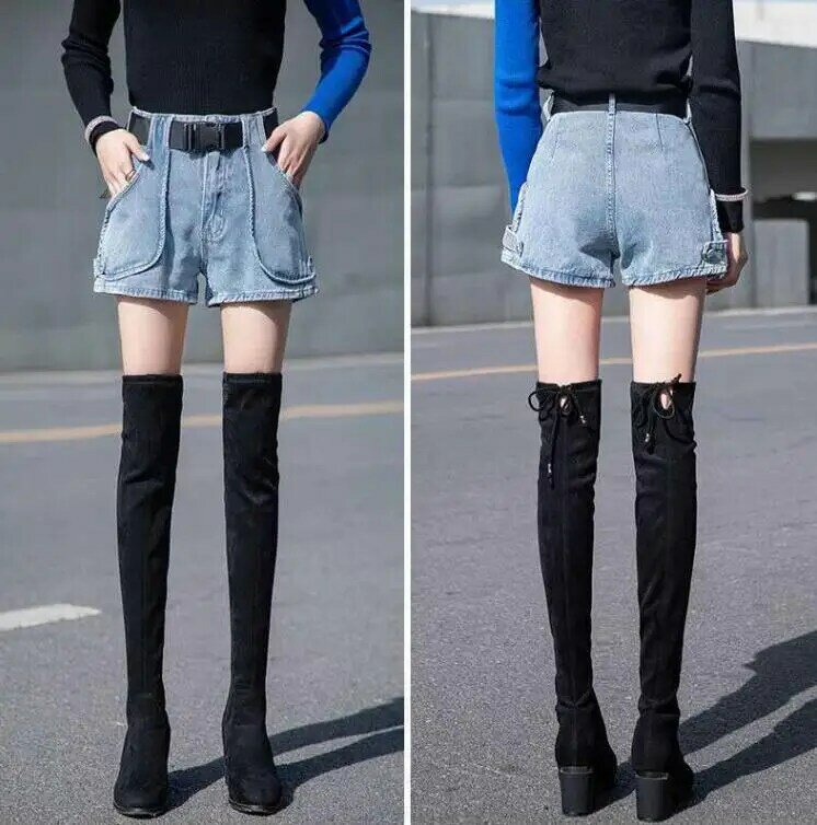 Шорты женские джинсовые с завышенной талией, Короткие штаны из денима в стиле Харадзюку, уличная одежда, черные синие, на лето