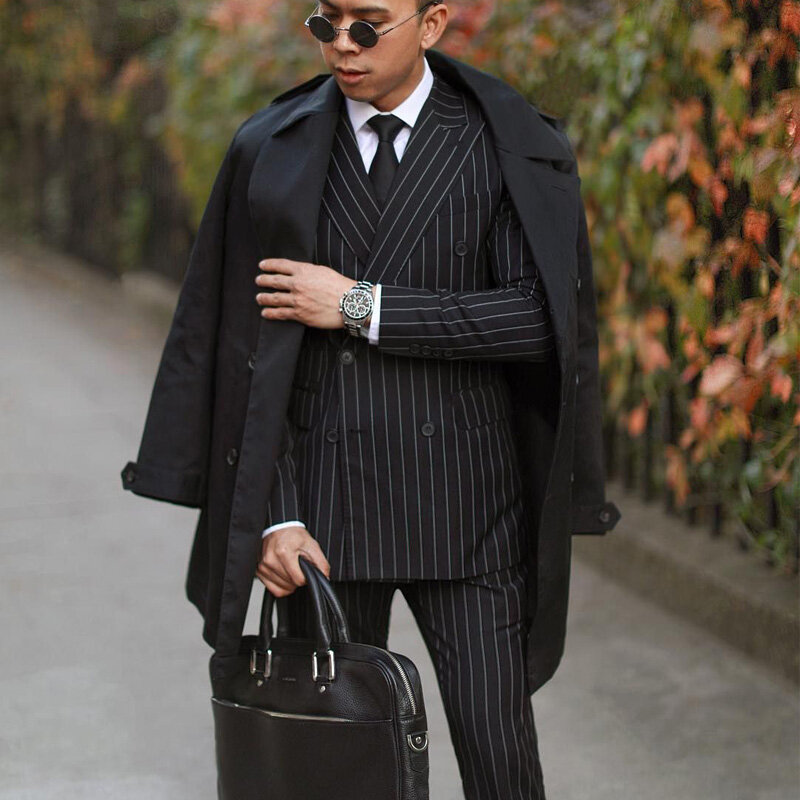 Manteau de marié à Double boutonnage pour homme, veste + pantalon, costume de Blazer de fête de bal, à rayures noires, grande taille