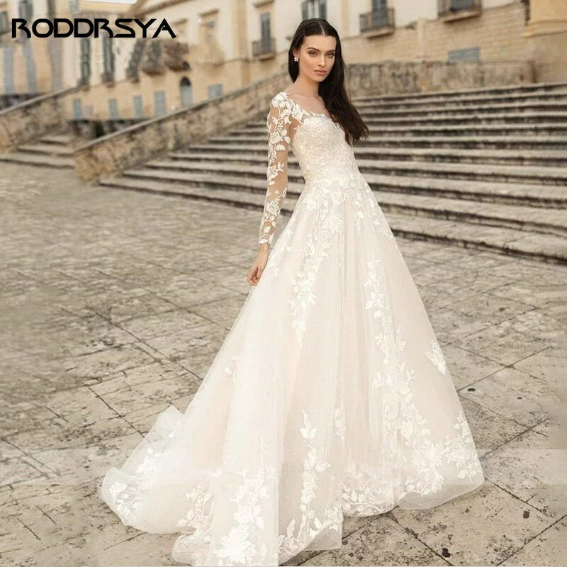 RODDRSYA Elegant O-Neck Wedding Dresses Lace Up A-Line Appliques Long Sleeves Beach Bride Gowns robe de mariée bohème Plus Size