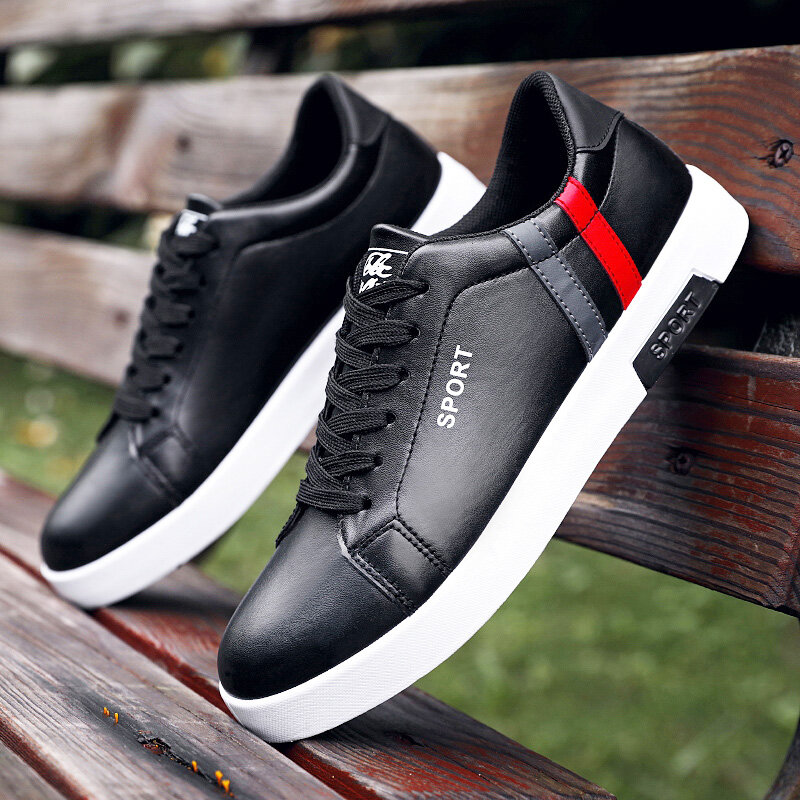 Spring New Lace-up White Men's Sneakers Shoes White Trend Mens Casual Shoes Increase Work PU Waterproof Male Flat Sneakers