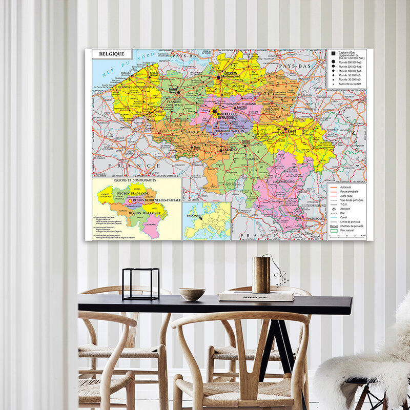 5*3 Feet The Belgium Traffic and Political Map In French Wall Art Poster Non-woven Canvas Painting Home Decor School Supplies