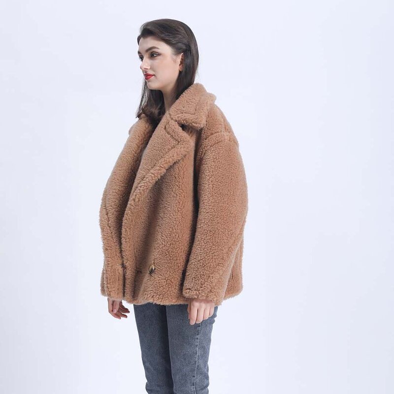 Abrigo de piel de oveja Real para mujer, chaqueta de corte informal, abrigo de peluche cálido con cuello vuelto, moda de invierno, 2021