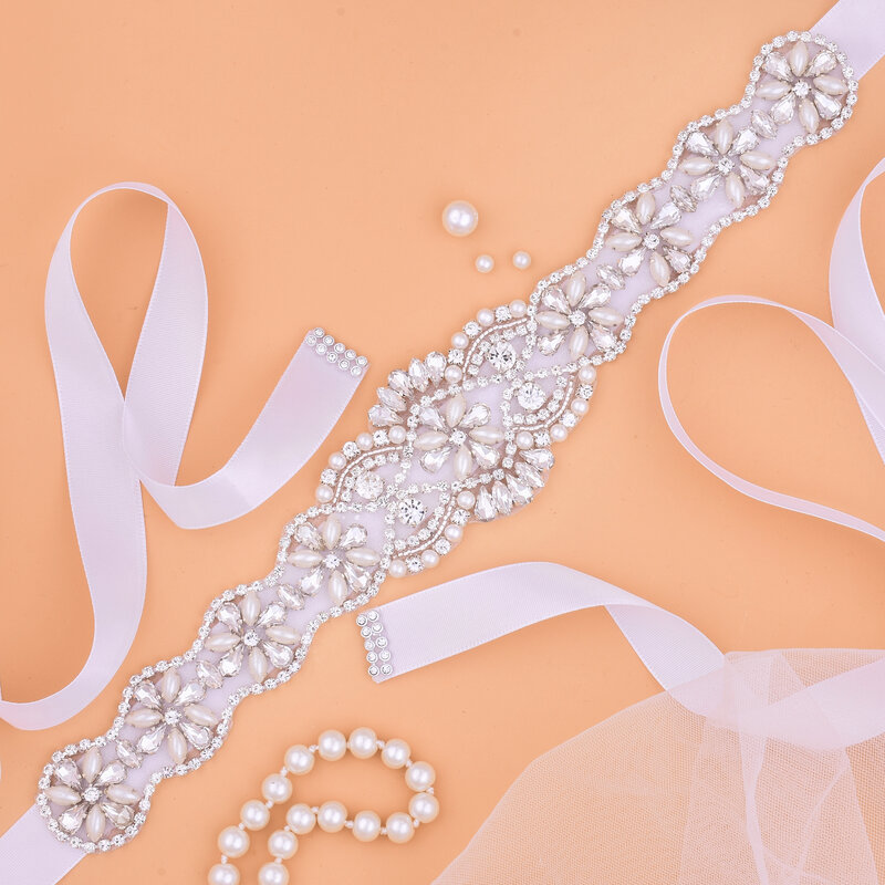 SESTHFAR-Cinturón de boda con perlas, cinturón nupcial de cristal, diamantes de imitación de plata, faja nupcial de satén para accesorios de vestido de novia