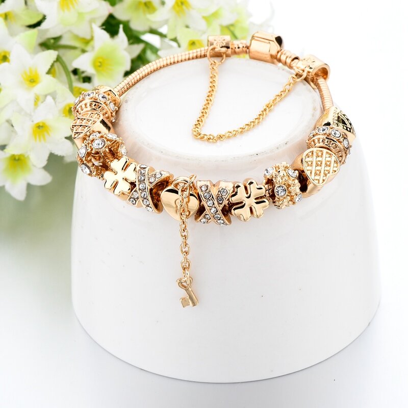 INS-Bracelets coeur et clé en or pour femme, bracelets en cristal, bijoux à breloques, nouvelle mode, BT200302