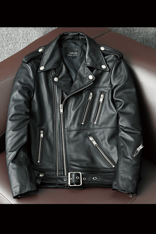 2021 New Genuine Cow Leather Jacket Men Autumn Winter Male Coats Diagonal zipper and Multi Pocket slim Motorcycle Clothing