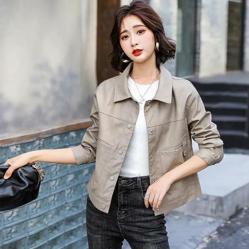 Spring Autumn 2021Pu Leather Jackets Women Motorcycle Lapel Coat Female Casual Fashion Hidden Button Short Leather Jacket Tops