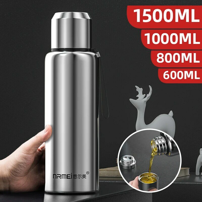 600/1000/1500ML Stainless Steel Vacuum Flask Outdoor Insulated Water Bottle Portable Tumblers Car Thermos Coffee Cup Rope Filter