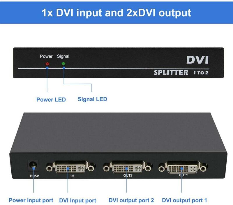 DVI Splitter 1x2 DVI 1 in 2 Out 2Port DVI Distribution Duplicator Splitter Supports 4K@30Hz Automatically Copy EDID