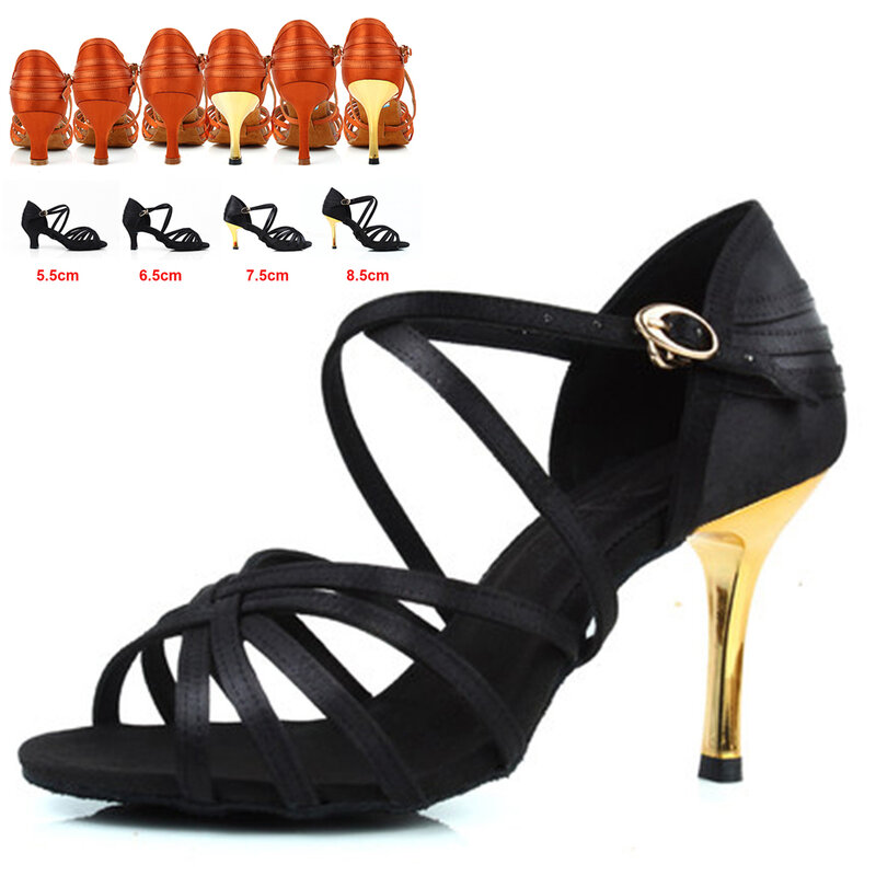 Sapatos de Dança Latina para Mulheres, Sapatos de Dança de Salão para Senhoras, Sandália Cetim para Salsa e Tango, Saltos Altos Tan Negros, 5.5cm, 6.5cm, 7.5cm, 8.5cm, DS52