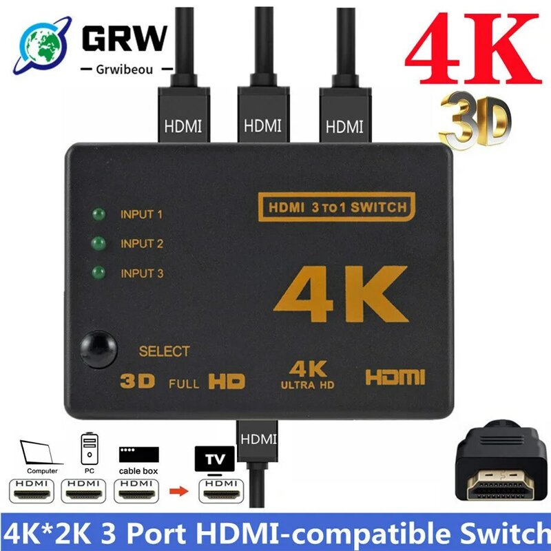 4K 2K 3X1 Dây HDMI Bộ Chia HD 1080P Switcher Adapter 3 Ngõ Vào 1 Ngõ Ra cổng HDMI Trung Tâm Cho Xbox PS4 DVD HDTV Máy Tính Laptop Tivi