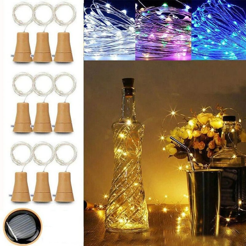 Guirlande solaire à 20 LED en liège, fil de cuivre, lumière féerique pour bouteille de vin, pour vacances, fête de noël, mariage, décor, 10 paquets