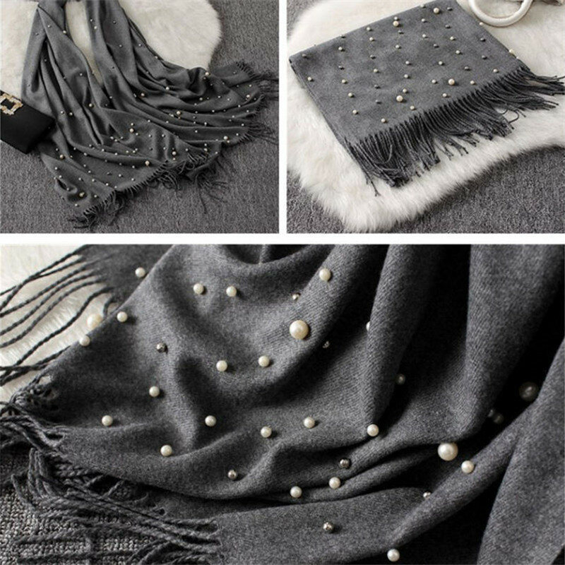2022 Winter Cashmere Scarf with Pearls Women's Tassels Wraps and Shawls Long Muslim Hijab Foulard Femme Beading Wool Pashmina
