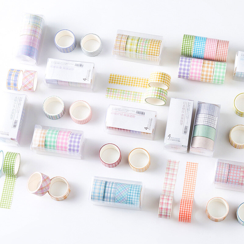 MOHAMM-Juego de cintas Washi decorativas a cuadros de arcoíris, papelería de álbum de recortes para manualidades, álbum de recortes, diario, bricolaje, 4 rollos