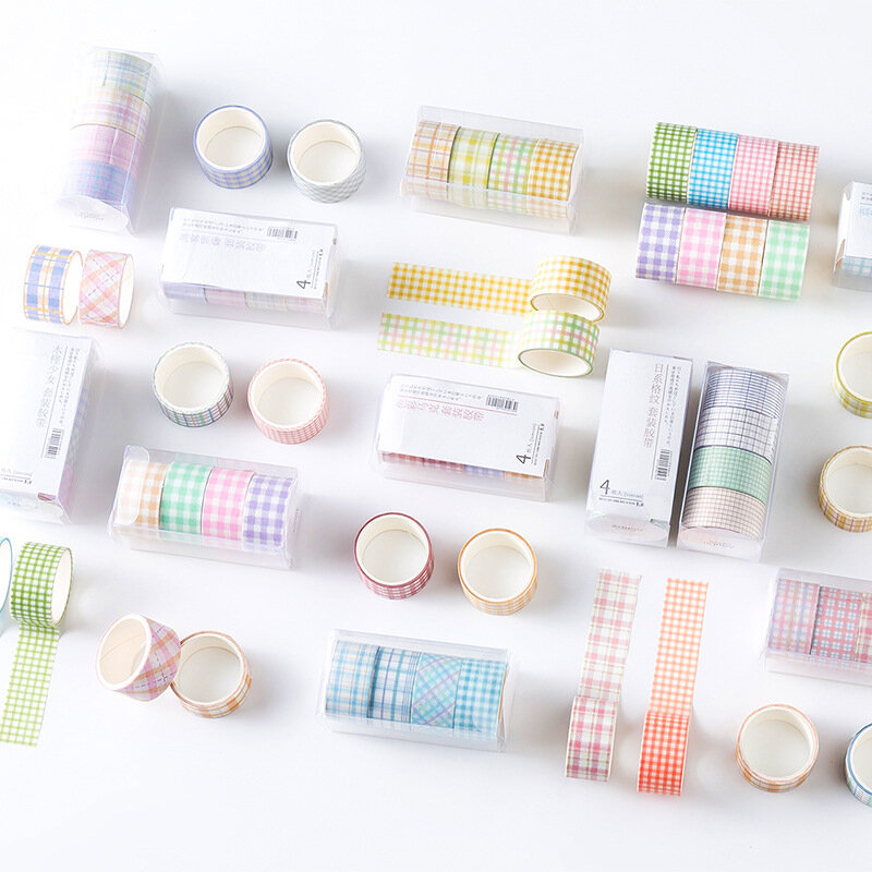 MOHAMM-Arco-íris Xadrez Decoração Washi Masking Tape Set, Scrapbooking Estacionária para Artesanato, Scrapbook, Jornal, DIY, 4 rolos