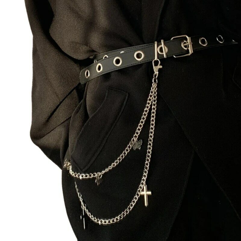 Gothic Punk ผู้หญิงกางเกงกางเกงยีนส์เอวห่วงโซ่โลหะ Cross จี้ผีเสื้อ Harajuku Hip Hop กางเกงเข็มขัดเครื่องประดับ