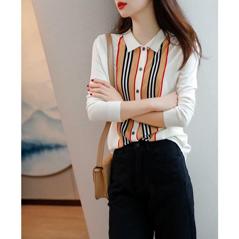 Camisa interior delgada retro francesa para mujer, camisa de fondo de punto con temperamento a juego, rayas verticales de color, novedad de otoño 2020