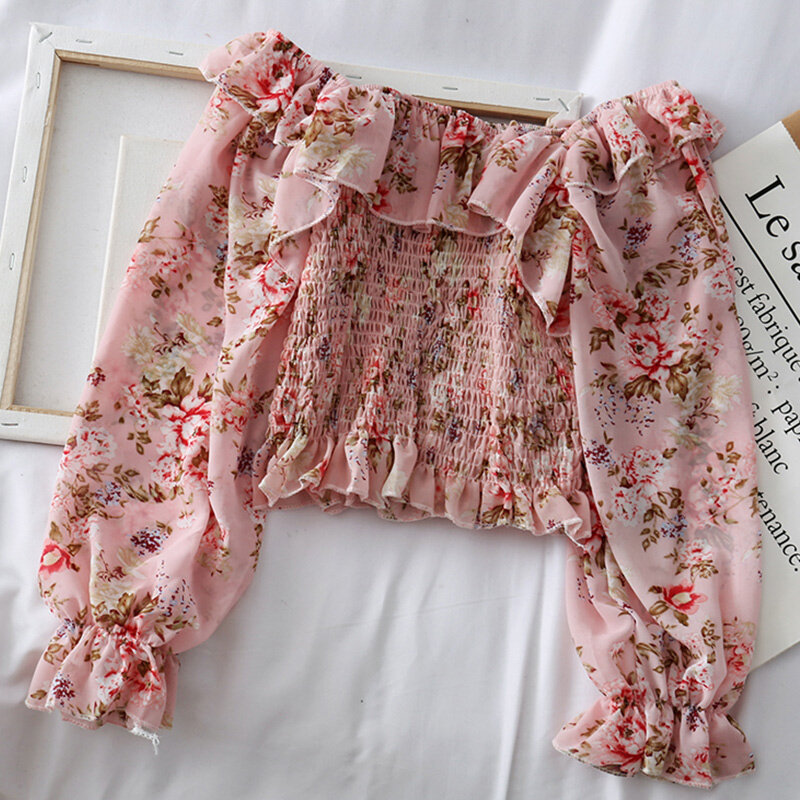 Chiffon Floral Print Pleated Women's Blouse Korean Puff Sleeve Off The Shoulder Top Female 2020 Spring Summer Sweet Lady Blouses