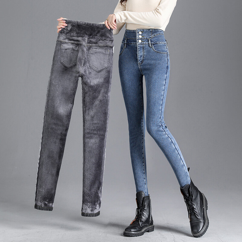 Jeans Ketat Hangat Pinggang Tinggi Bulu Tebal Musim Dingin Kualitas Tinggi Celana Pensil Kancing Melar Wanita Tebal Jeans Beludru Kasual Ibu
