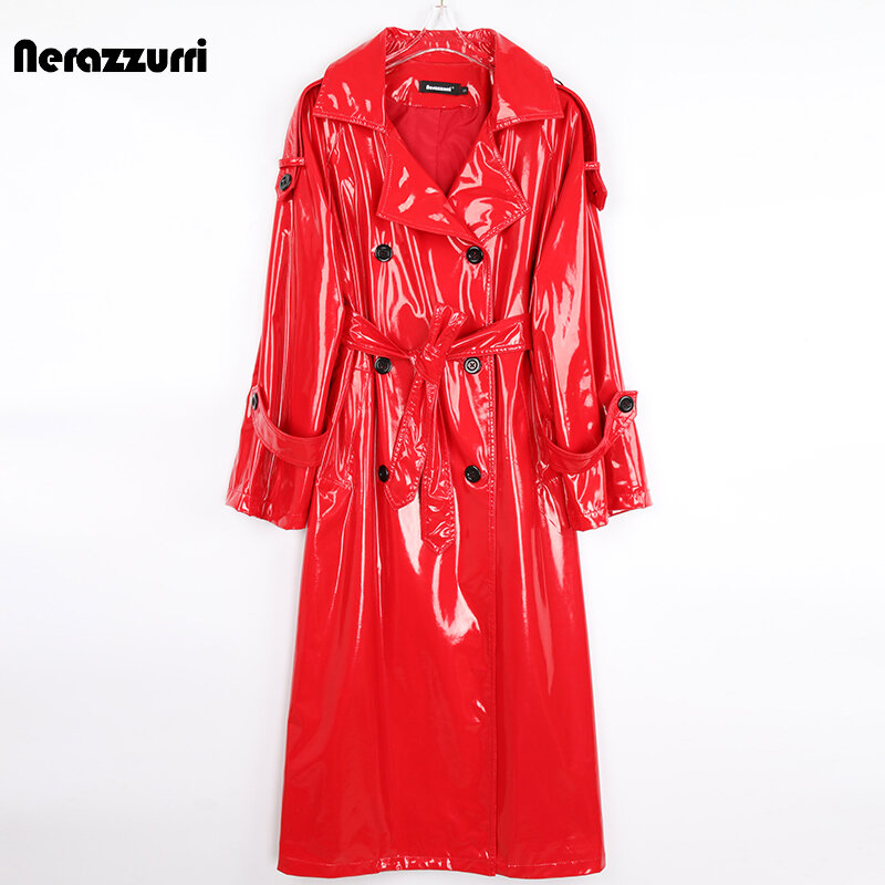 Nerazzurri Herfst Lange Rode Waterdichte Glanzende Reflecterende Lakleer Trenchcoat Voor Vrouwen Double Breasted Plus Size Fashion