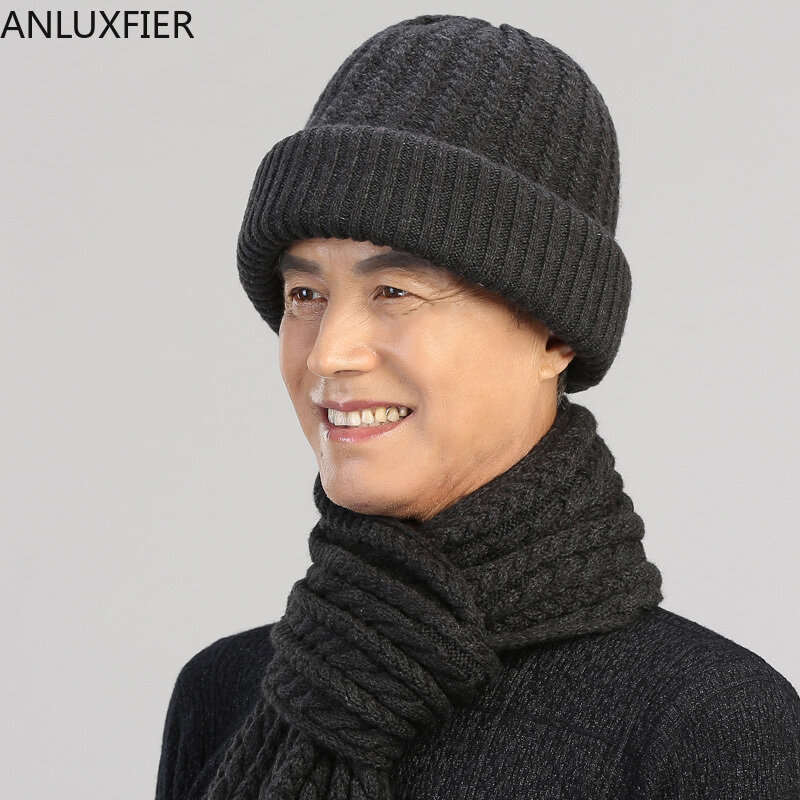 H7144 Man Hat Adult Middle Age Male Winter Knit Wool Cap Elderly Father Grandpa Birthday Present Warm Thicken Scarf Hats Set